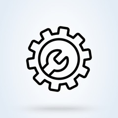 Technical Support icon vector in line style. Cog, Gear and Wrench symbols. Customer service, client support illustration for perfect mobile and web designs.