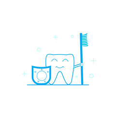 Tooth on a white background in line art style with a toothbrush and a shield