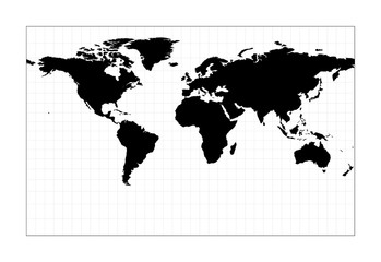 Vector world map. Cylindrical stereographic projection. Plan world geographical map with graticlue lines. Vector illustration.