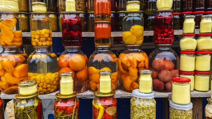 Glass jars with  vegetables and fruits in Tbilisi