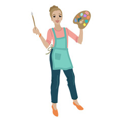 Woman artist holding palette and brush. Vector illustration