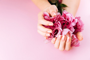 Beautiful Woman Hands with fresh eustoma. Spa and Manicure concept. Female hands with pink manicure. Soft skin, skincare concept. Beauty nails. Over beige background