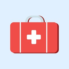 First aid kit bag of the attending physician in flat style isolated on blue background. Vector stock illustration. Ambulance.