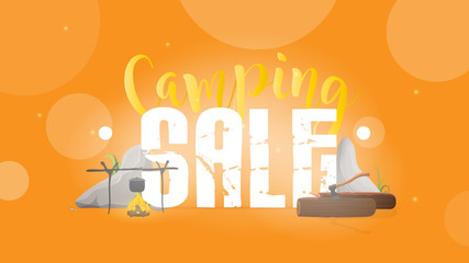 Camping sale. Orange banner. Forest camp lettering. Font with camping elements. Bonfire, food on a fire, logs, ax, stones. Vector illustration