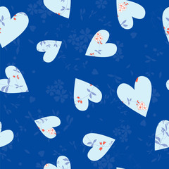 Seamless Vector Pattern with hearts and flowers for decoration, print, textile, fabric