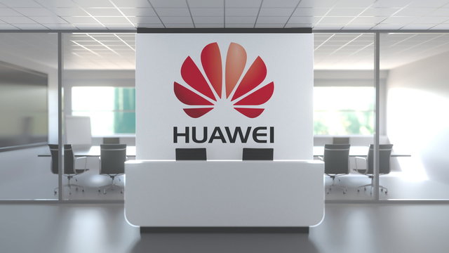 HUAWEI logo above reception desk in the modern office, editorial conceptual 3D rendering