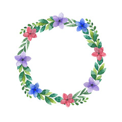 Watercolor wreath of green twigs and flowers