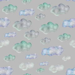 Handrawn clouds seamless pattern. White and blue clouds pattern on grey.
