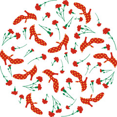 Spanish fair. Circular pattern of flamenco shoes and red carnations on white background