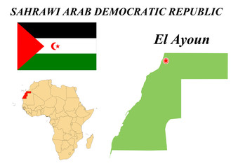 Sahrawi Arab Democratic Republic. Capital of Kampala. Flag of Western Sahara. Map of the continent of Africa with country borders. Vector graphics.