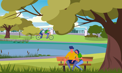 Obraz na płótnie Canvas People relaxing in summer park. Sitting on bench, old couple riding bike flat vector illustration. Country, outdoor activity, nature concept for banner, website design or landing web page