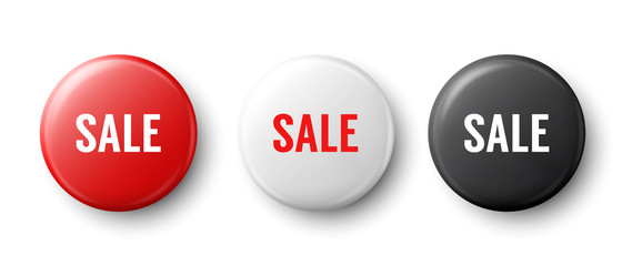 Vector 3d Realistic Red, White, Black Metal, Plastic Button Badge Set Isolated on White Background. Top View. Front and Back Side. Sale Template for Branding Identity, Logo, Presentations. Mock-up
