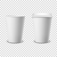Vector 3d Realistic Disposable Opened and Closed with Lid Paper, Plastic Coffee Cup for Drinks Icon Set Closeup Isolated on Transparent Background. Design Template, Mockup. Top and Front View