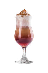 Glass of cocktail with strawberry syrup decorated with whipped cream isolated on white background