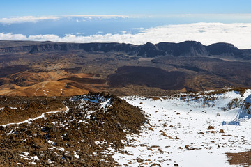 Volcano teide in tenerife national park panoramic landscape. Amazing aerial view of the snow...