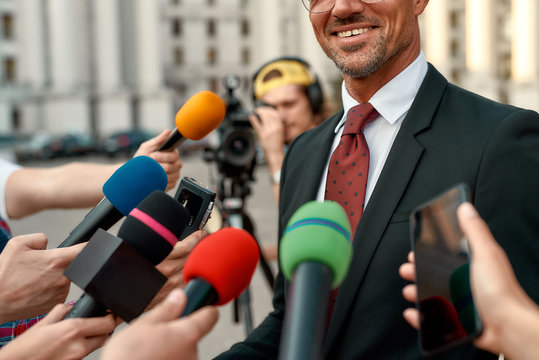 Journalists conducting interview of politician. Journalism industry, live streaming concept.