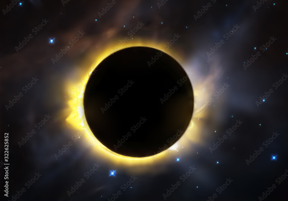 Wall mural the total solar eclipse, view from outer space with stars of galaxy background . elements of this im