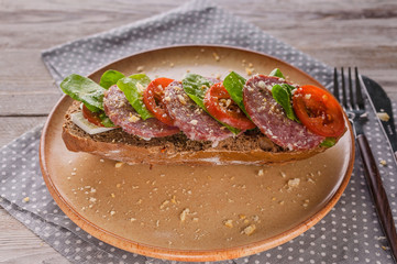 Close up Mediterranean breakfast or lunch. Bruschetta with salami and tomatoes, cream cheese, pea microgreens and pesto sauce on a ceramic plate