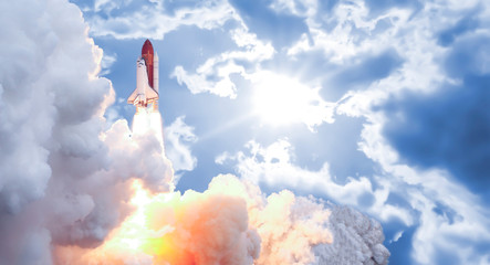 the spaceship rocket shuttle in the cloudy sky fly up high to the space elements of this image furnished by nasa