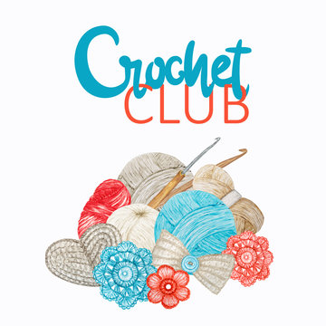 Red gray beige Crochet club Logotype, Branding, Avatar composition of hooks, yarns, crocheted heart, bow, flowers. Illustration for handmade or Crocheting with Ball of yarn icons. Concept with phrase