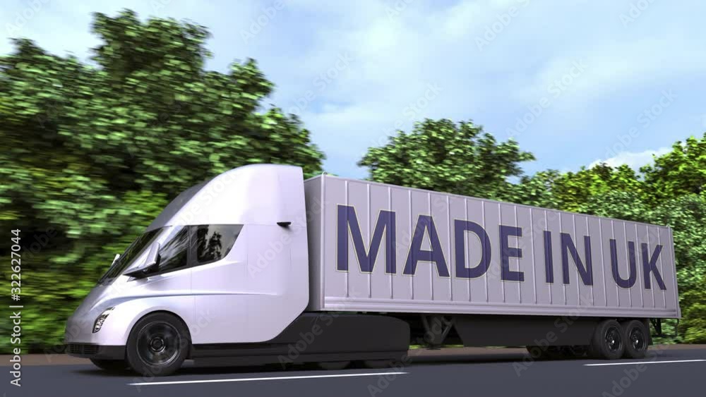 Poster trailer truck with made in uk text on the side. british import or export related loopable 3d animati