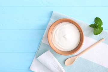 Natural white yogurt on the table. Healthy snack, Greek yogurt.
