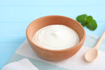 Natural white yogurt on the table. Healthy snack, Greek yogurt.
