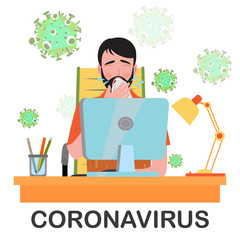 Man sick and spreads germs in the workplace. Concept of corona virus quarantine