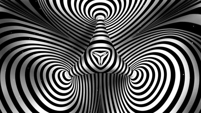 Hypnotic effect with three spaces and striped triangle portal. Psychedelic optical illusion. Seamless looping animation.