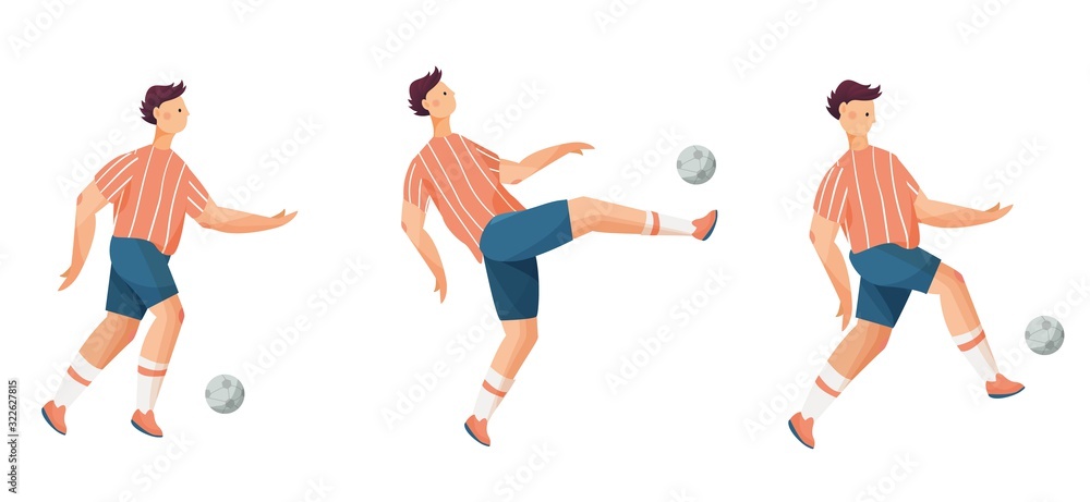 Wall mural Man soccer, football player set. Flat vector illustration on white background in flat style, young man team in uniform doing exercises in training.