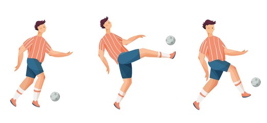 Man soccer, football player set. Flat vector illustration on white background in flat style, young man team in uniform doing exercises in training.