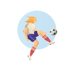 Female soccer player in sports uniform kicks the ball. Vector flat illustration on a white background.