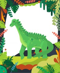 Vector illustration of silhouette of dinosaurs on the Jurassic period landscape with mountains, tropical plants in flat cartoon style.