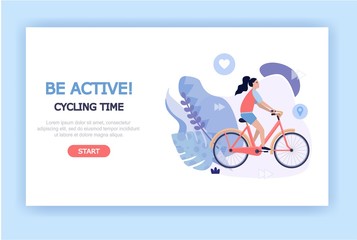 Fototapeta na wymiar Healthy and active lifestyle illustration concept for web banners, landing pages, presentations, posters, advertising. Girl riding a bike on white background, vector flat style.