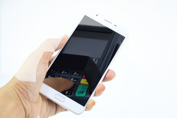 Finance, cashless payment, pay via smartphone