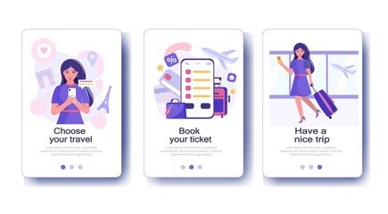 Pretty woman booking plane travel in Paris. Buy ticket online, journey service, vacation and tourism airplane. Flat vector illustration for loading pages, advertising, booklets