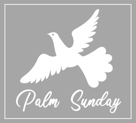 Palm Sunday. The week before Easter. banner or card. White dove with palm leaf.