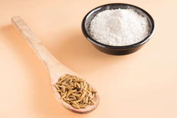 Worm meal flour in brown background