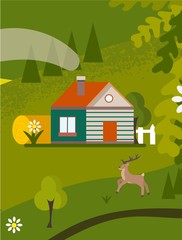 Obraz na płótnie Canvas Cottage in nature, rustic house with windows and doors. Summer house in the mountains, on the green grass, around trees and animals. Flat cartoon vector illustration.