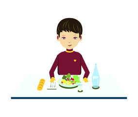 Young Boy eating vegetables pasta and bread on the table for lunch. Flat cartoon vector illustration on the concept of vegetarian eating and healthy nutrition. Isolated on white background