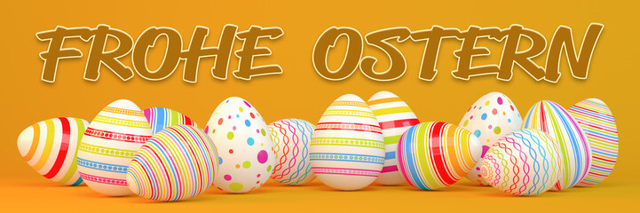 3d Illustation - Frohe Ostern - 13 farbenfrohe, bemalte Ostereier auf orangen Hintergrund - Text - Oster