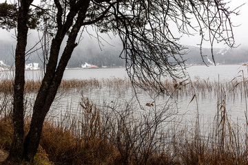 Lake, mountain and clouds. Foggy lake. Lake view at sunrise. Abant lake, Bolu