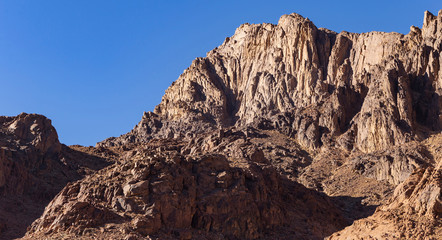 Egypt. Mount Sinai in the morning at sunrise. (Mount Horeb, Gabal Musa, Moses Mount). Pilgrimage place and famous touristic destination.