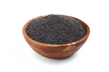 Poppy seed in wooden bowl, isolated.