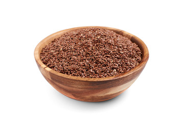 Flax seeds in wooden bowl, isolated.