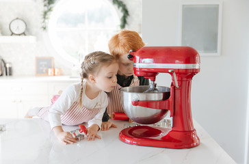 Two toddlers baking christmas cookies looking in a mixer