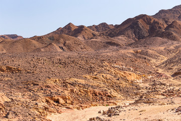 Egypt. Desert and mountains of the Sinai Peninsula. Sands, dunes, rocks and gorges. Promised land.