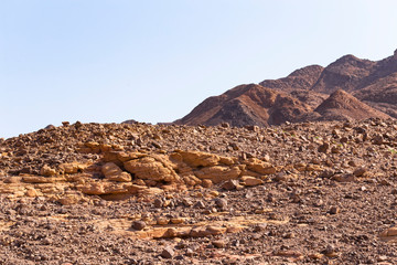 Egypt. Desert and mountains of the Sinai Peninsula. Sands, dunes, rocks and gorges. Promised land.