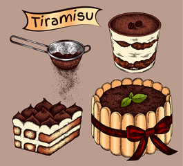 Sketch hand drawn set of italian dessert tiramisu. Tasty sweet cake, chocolate, cocoa, mascarpone, cupcake. Background for menu, bakery, restaurant. Vector illustration in vintage style. Engraving.