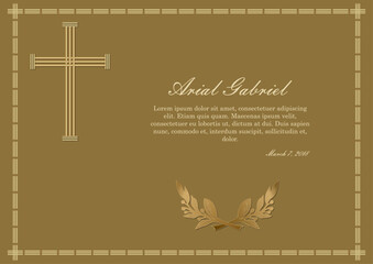 Luxurios obituary with golden elements on dark golden background, simply gold cross and laurel branche. Vector design - obrazy, fototapety, plakaty